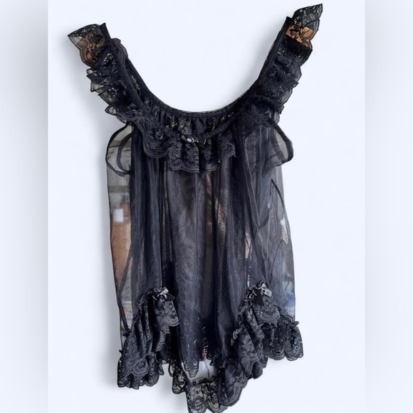 Vintage 90s Kasara Black Nylon Coquette Nightgown Sleepwear Lingerie Top Small - Picture 2 of 10